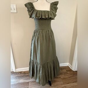 Dotti army green maxi dress ruffled tiered ruching SZ SM